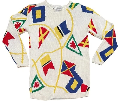 Suéter deportivo largo Adrienne Vittadini de colección para mujer talla pequeña banderas tejidas AOP Foto 1 de 4