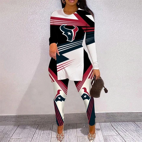 Houston Texans Women High Slit Long Sleeve Shirts Yoga Pants Leggings 2PCS Gifts Cover