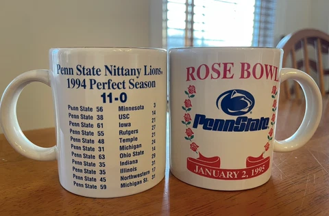Set of Two Vintage Penn State 1995 Rose Bowl Mugs with 1994 Perfect 11-0 Season Cover