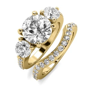 2.37 Ct H VS2 Three Stone Lab Grown Round Cut Diamond Engagement Ring Set 14K - Picture 1 of 3