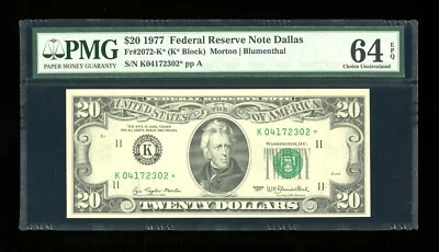 DBR 1977 $20 FRN Dallas STAR Fr. 2072-K* PMG 64 EPQ Serial K04172302* - Image 1 of 2