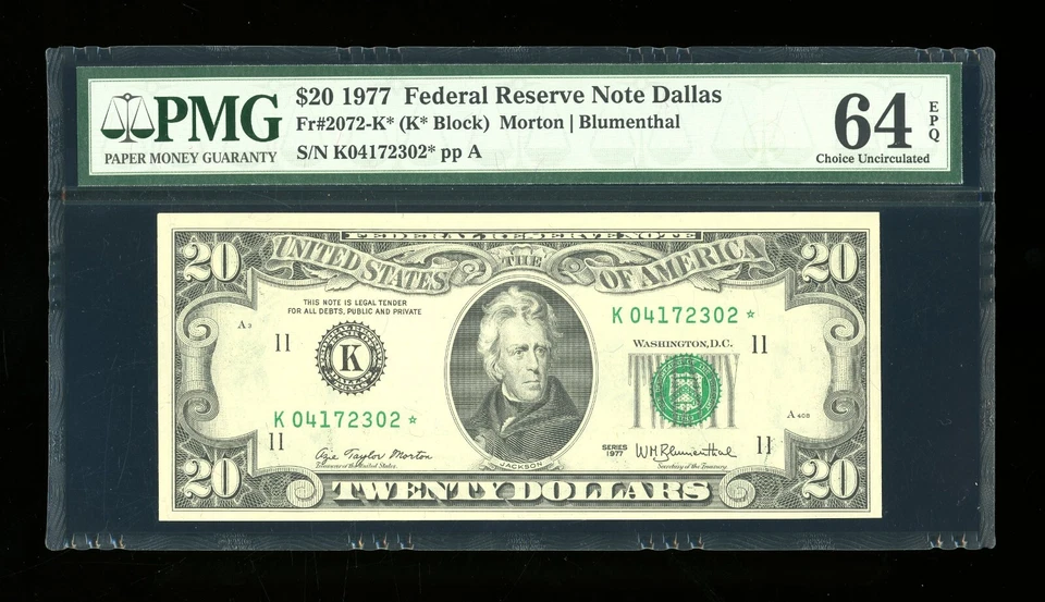 DBR 1977 $20 FRN Dallas STAR Fr. 2072-K* PMG 64 EPQ Serial K04172302* - Image 1 of 2
