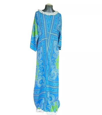 Vestido De Colección Años 60-70 Azul/Verde Mod Estampado Trasero Cremallera Caftán Borla Borla Hecho a Mano Foto 1 de 4