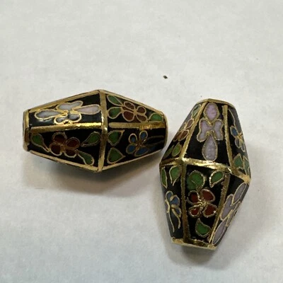 Grandes contas cloisonne douradas e pretas pintadas à mão padrão floral vintage 2 - 24 mm - Imagem 1 de 3