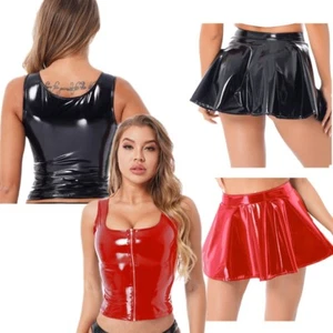 Women's Glossy Flared Skirt PVC Leather Shiny Tank tops Rave party Mini Skirts - Picture 1 of 71