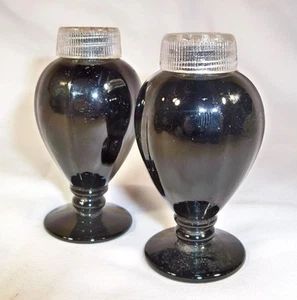 FOSTORIA FAIRFAX EBONY BLACK #2375 3" TALL FOOTED SALT & PEPPER SHAKERS SET! - Picture 1 of 2