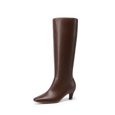 Women Wide Calf Boots Low Kitten Heel Square Toe Side Zipper Knee High Boots - Image 1 of 4