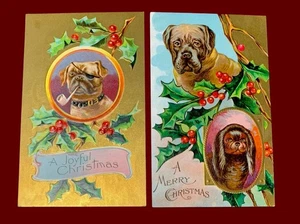 Christmas Postcard Pitbull Dog Bull Dog Smoking Pipe Holly Berries Embossed - Picture 1 of 7