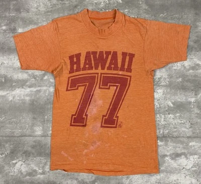 vintage POLY TEES HAWAII 77 T SHIRT THRASHED ORANGE 70s SINGLE STITCH 50/50 - Image 1 of 4