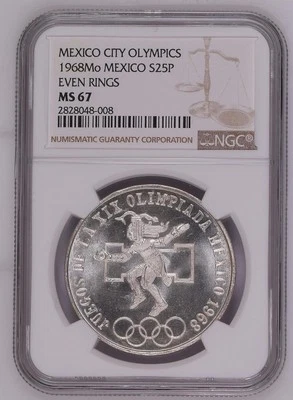 México ✮ 1968 ✮ 25 Pesos ✮ MS 67 ✮ Olímpico - Anillos Pares ✮ Escarchado y Lustroso ✮ Foto 1 de 4