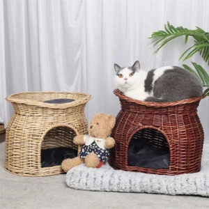 Cama de mimbre transpirable para mascotas tejida de ratán de 2 niveles gatito casa gato anidación - Imagen 1 de 19