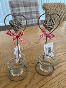 2 Shabby Chic, Glass Tea Light Holders, Wicker Hanging Heart in metal frame - Picture 1 of 6