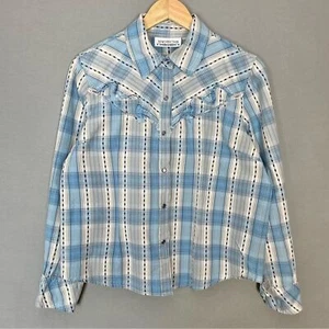 Vintage Western Shirt Women Size Medium Pearl Snaps Blue White Raw Edges Cotton - Picture 1 of 14