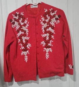Vtg 50s Prince Beautiful Unique Red/White Beaded Button Sweater Sz Small ?- READ - Picture 1 of 13