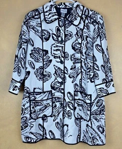 Abrigo Chico’s Negro Blanco Floral con Plateado Lino Rayón Manga 3/4 TALLA 2 M   - Imagen 1 de 12