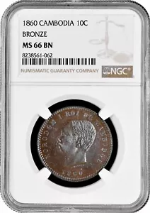 Cambodia 10 centimes 1860, NGC MS66 BN, "King Norodom (1860 - 1904)" Top Pop 1/0 - Picture 1 of 2