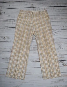 VINTAGE 60S CORBIN PLAID MADRAS DRESS PANTS YELLOW WHITE ZIP PREPPY 34X30 MOD  - Picture 1 of 10