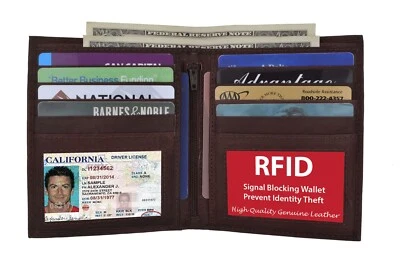 Cartera Hipster de Cuero de Vaca Genuino Plegable para Hombres 10 Tarjetas de Crédito 2 Identificación Europea Foto 1 de 4