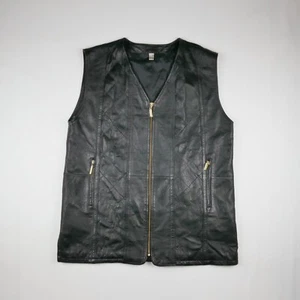 VINTAGE 80s 90s Leather zip gilet black Mens Womens Jacket Waistcoat large 16 - Picture 1 of 12