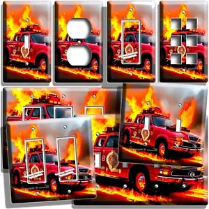 RED FIREFIGHTER FIRE PICKUP TRUCK LIGHT SWITCH OUTLET WALL PLATES FIREMAN DECOR - Picture 1 of 34