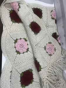 VTG Floral Granny Square 3D Rose 64x48 Crochet Knit Afghan Throw Blanket - Picture 1 of 11