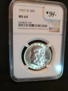 1957-D NGC MS64 FRANKLIN SILVER HALF DOLLAR - Picture 1 of 4