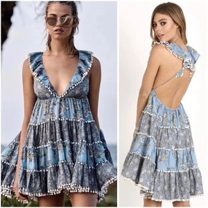 ZIMMERMANN Dress Size 0/AU 8/US 4 Caravan Tiered Frill Mini Spiced Blue Tie Back - Picture 1 of 19