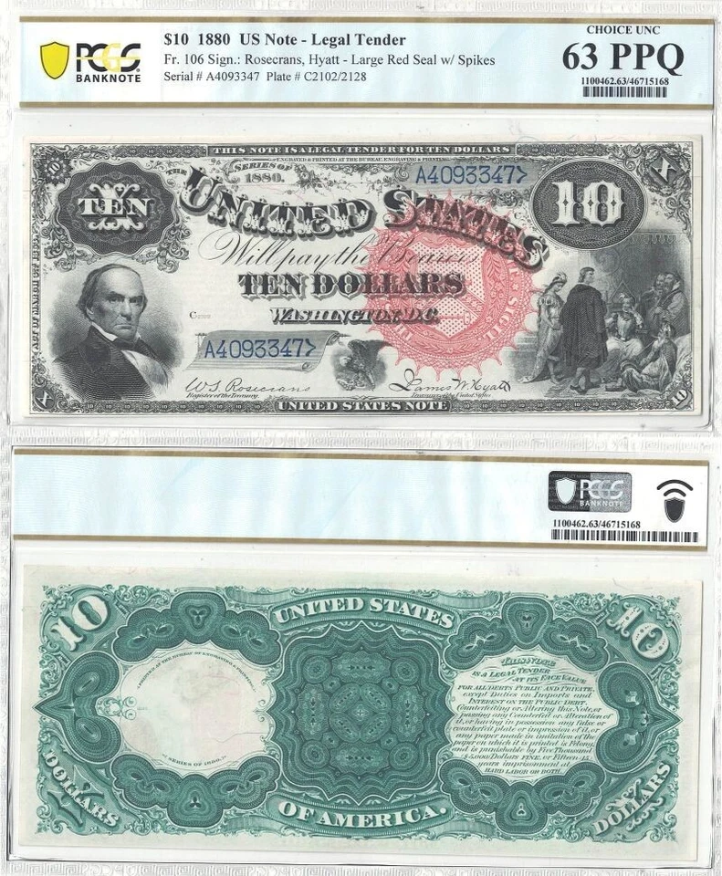 Billete de licitación legal de $10 de 1880 Fr-106 PCGS elección CU-63 PPQ Foto 1 de 1