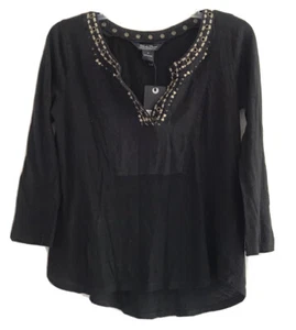 Lucky Brand Split Neck Bib Top Damen S schwarz Nieten 3/4 Ärmel Pullover - Bild 1 von 8