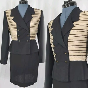Vintage JSJ Petites Black & Tan 2-Piece Jacket & Skirt Set Size 8P - Picture 1 of 24