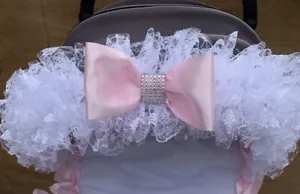 PRAM/PUSHCHAIR WHITE FRILLY PINK BLING BOW HOOD TRIM - UNIVERSAL - ROMANY - Picture 1 of 2