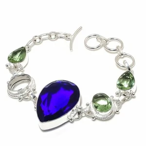 London Blue Topaz, Peridot Gemstone Handmade 925 Sterling Silver Bracelet 7-8" - Picture 1 of 3