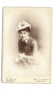 Antique Cabinet Card Photo ~ Young Woman with Fancy Hat ~ Ramsgate, England