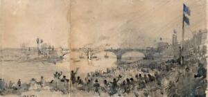 THE BOAT RACE OXFORD & CAMBRIDGE Watercolour Painting 1877 RIVER THAMES