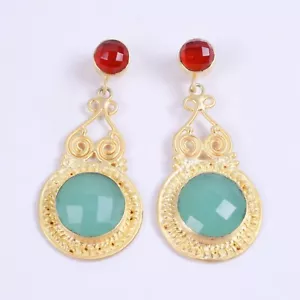 Bohemian 18k Gold Plated Aqua Chalcedony And Garnet Hydro Quartz Large Earrings - Picture 1 of 6