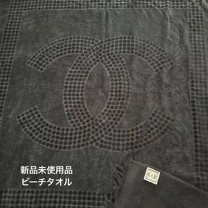 CHANEL Beach Towel Logo Fringe 100% Cotton Black Unused - Picture 1 of 8
