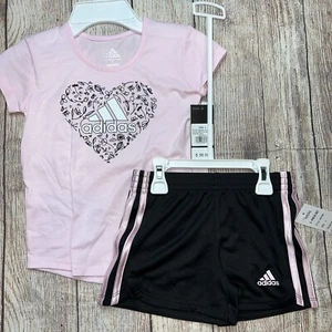 Adidas Little Girls Athletic Shorts Outfit Summer Spring NEW Pink Black - Picture 1 of 1