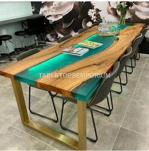 Green Resin Epoxy Handmade Dining Custom Table Acacia Wooden Handmade Furniture - Picture 1 of 8