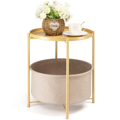 Mesa auxiliar redonda con cesta de tela y bandeja extraíble - amarillo pálido Foto 1 de 4