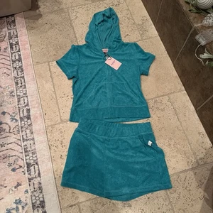 Juicy Couture Glitzer Velours Trainingsanzug Hoodie & Shorts Set Coastal Teal 179 $ M - Bild 1 von 7