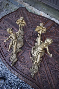Vintage pair bronze wall candle holder putti cherub figural decor - Picture 1 of 7