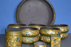 Collection 14 Pieces Antique Indian Kashmir Papier Mache Bowls,c 1920 - Picture 1 of 9