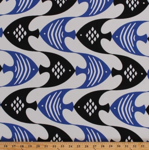 Indoor/Outdoor Tropical Fish Blue Black on Off-White Decor Fabric BTY D791.14 - Picture 1 of 1