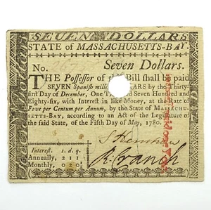 Massachusetts $7 Seven Dollars May 5, 1780 MA-283 Colonial Currency Watermarked - Picture 1 of 8