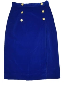 Vtg Midi Skirt M Royal Blue Velvet Velour Wrap Straight Military Button Handmade - Picture 1 of 13