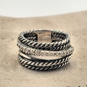 David Yurman Sterling Silver Crossover Wide Pave Diamond Ring Size 7 - Picture 1 of 5