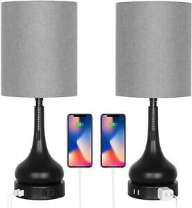 Set of 2 Table Lamps with 2 USB Ports 1 AC Outlet Bedside Lamps for Bedroom Grey