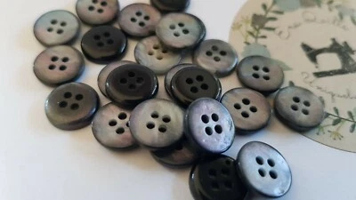 Vintage/retro 4 hole button, new 12pcs, 11.9mm diam., colour: black, pearl shine - Image 1 of 4