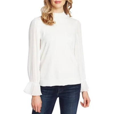 CeCe 百褶模拟领毛衣 M 码白色透明荷叶袖职业时尚 — 第 1/4 张图片