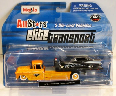 MAISTO ALL STARS ELITE TRANSPORT BLACK w/ FLAMES '57 CHEVROLET BEL AIR & FLATBED - Image 1 of 4